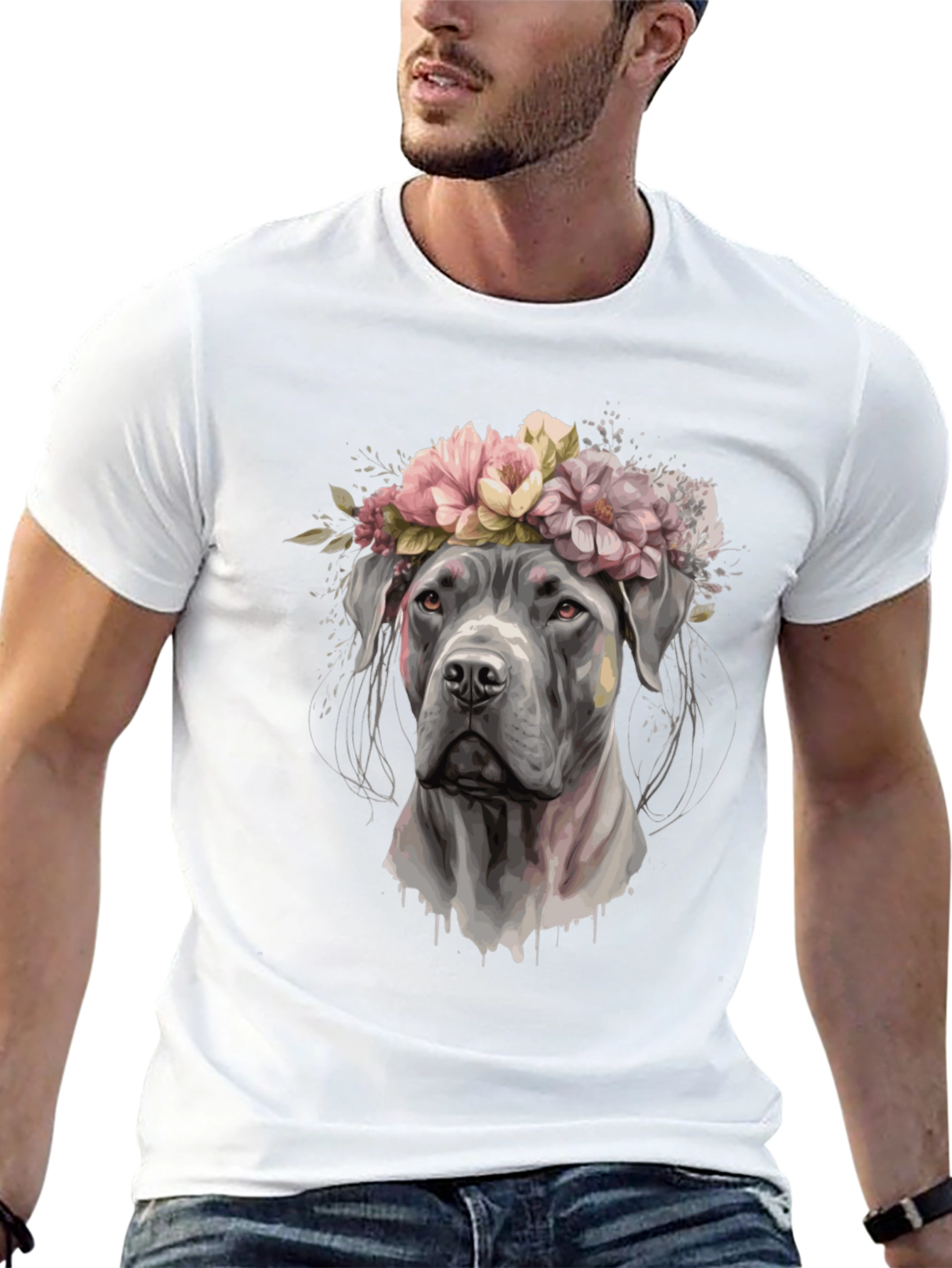 Dog with Flower Crown Black T-Shirt