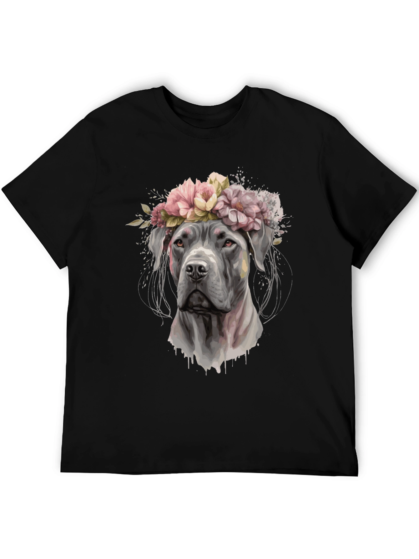 Dog with Flower Crown Black T-Shirt