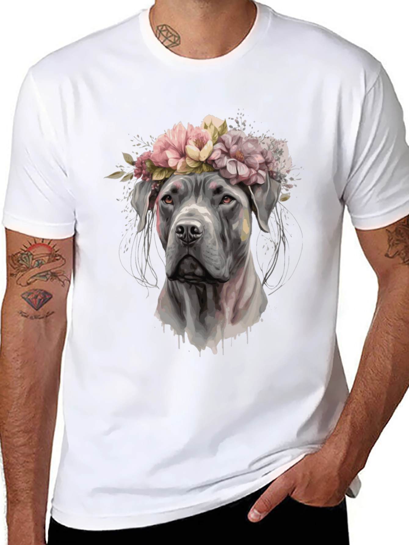 Dog with Flower Crown Black T-Shirt