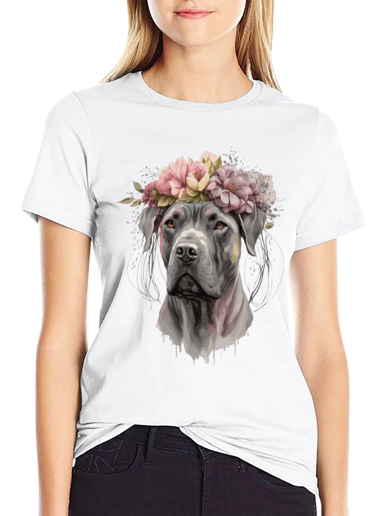 Dog with Flower Crown Black T-Shirt