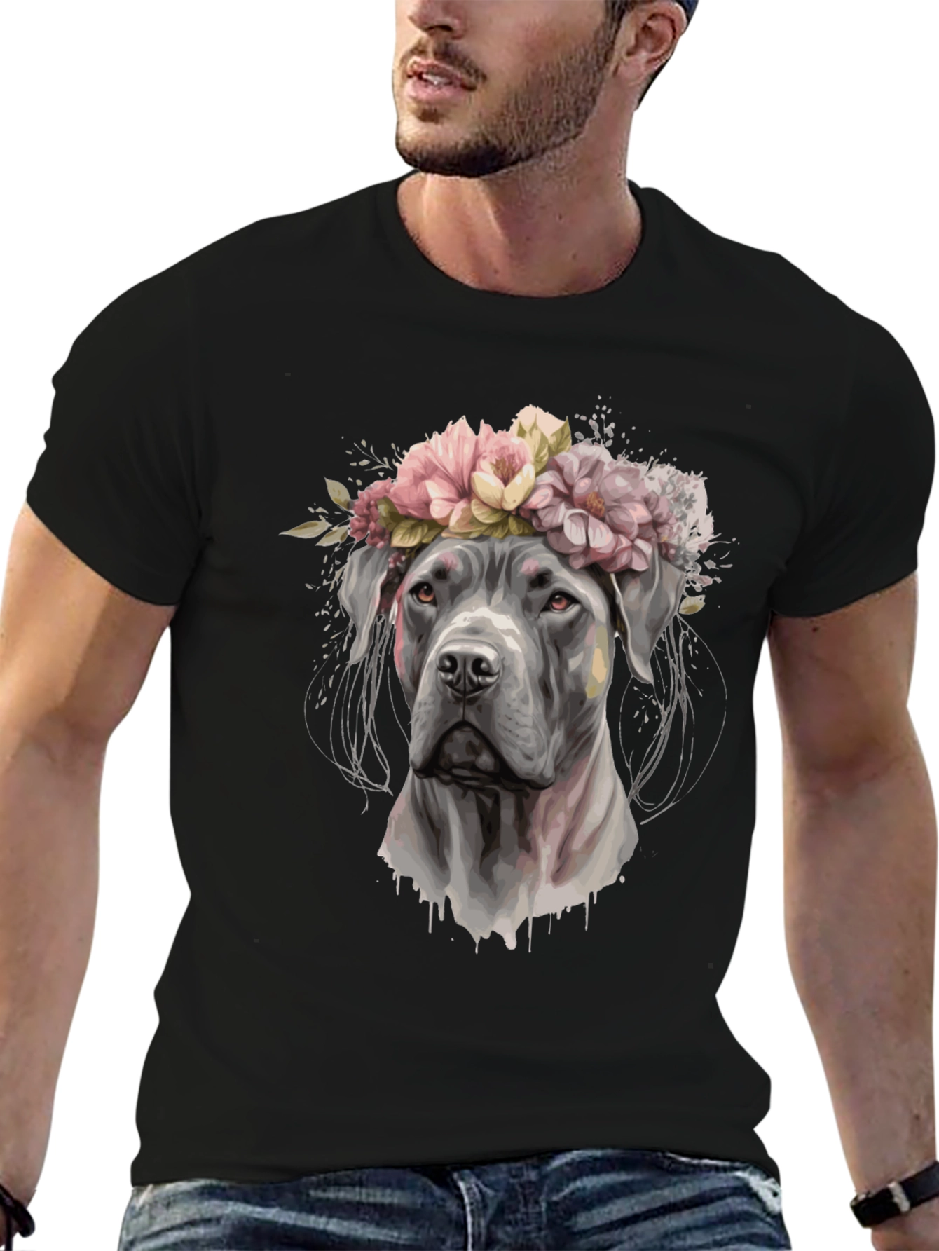 Dog with Flower Crown Black T-Shirt
