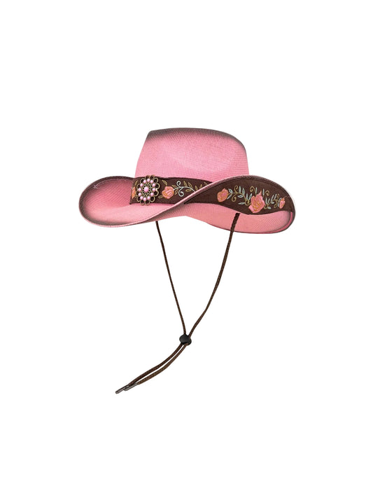 Trendy Pink Embroidered Floral Straw Cowboy Hat for Women