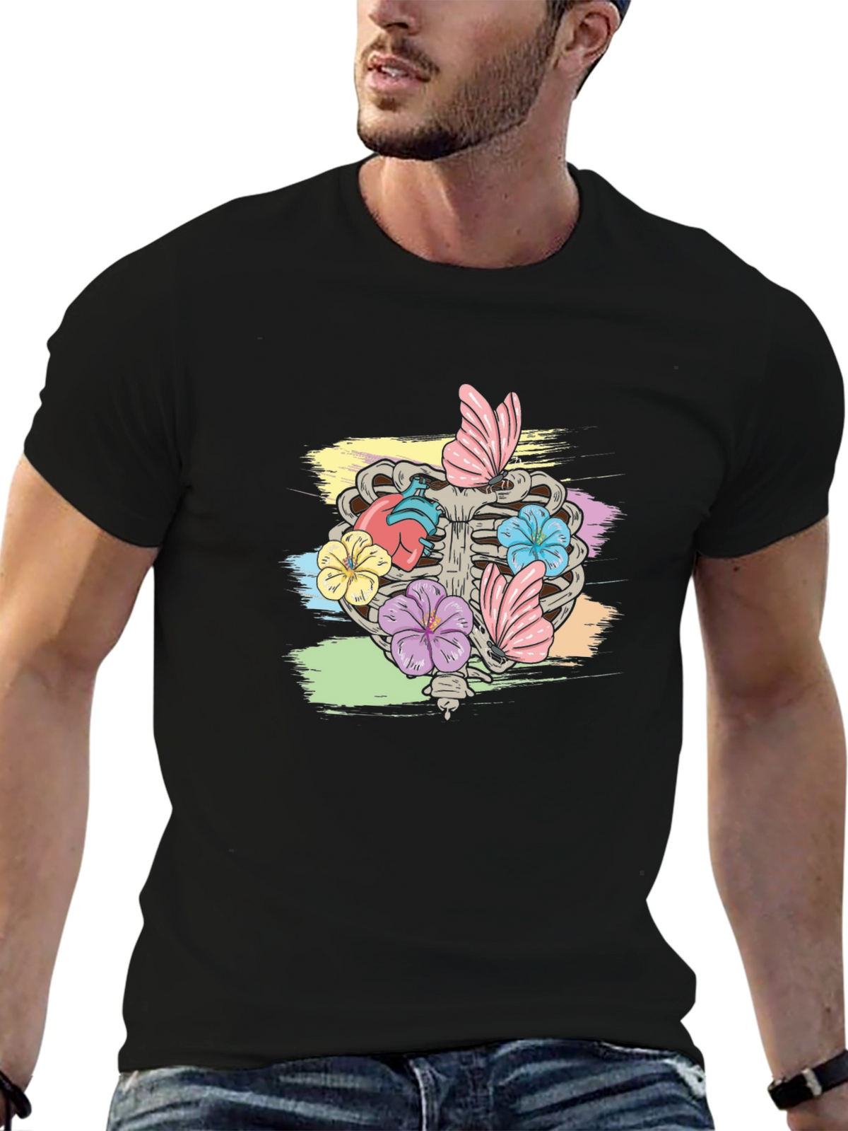 Floral Rib Cage Graphic T-Shirt - Black