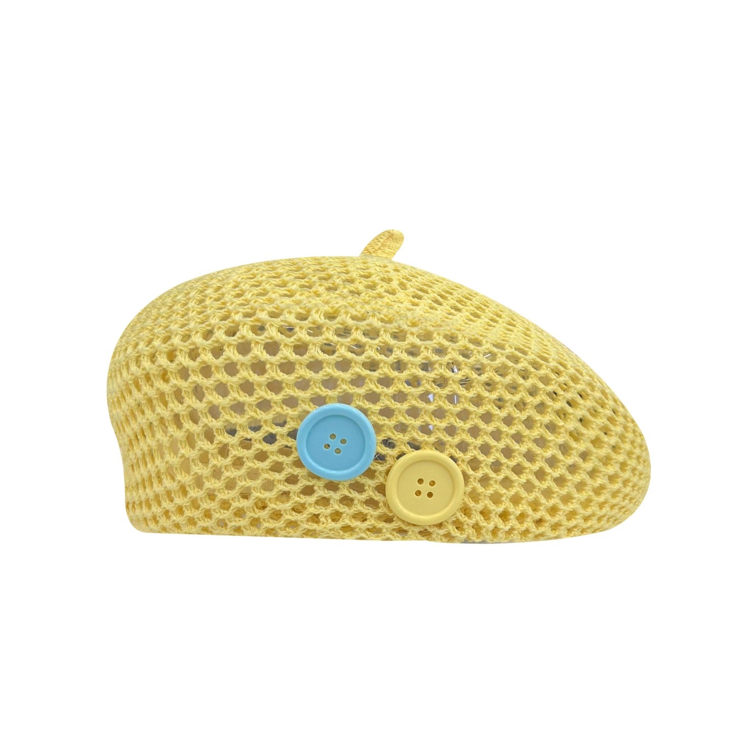 Women's Knitted Openwork Beret Hat with Decorative Buttons