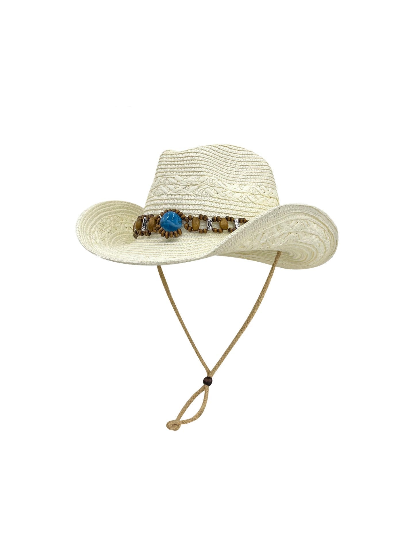 Straw Cowboy Hat with Beaded Band and Adjustable Chin Strap, Unisex Summer Sun Hat, Panama Jazz Style, 56-58cm Head Circumference