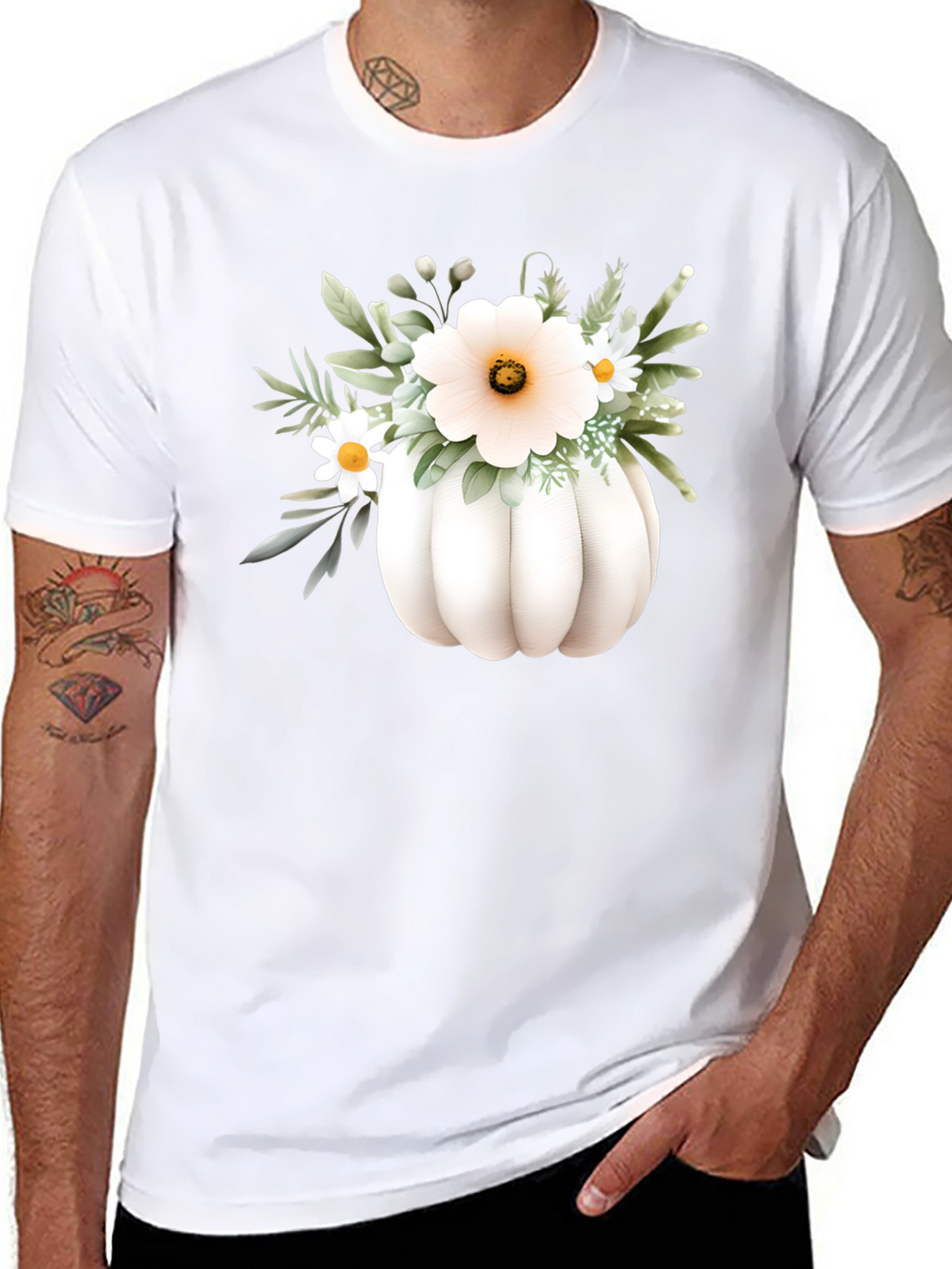 Floral Pumpkin Graphic Tee - Black Cotton Blend