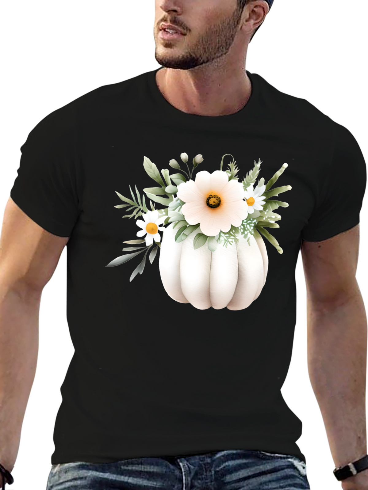 Floral Pumpkin Graphic Tee - Black Cotton Blend