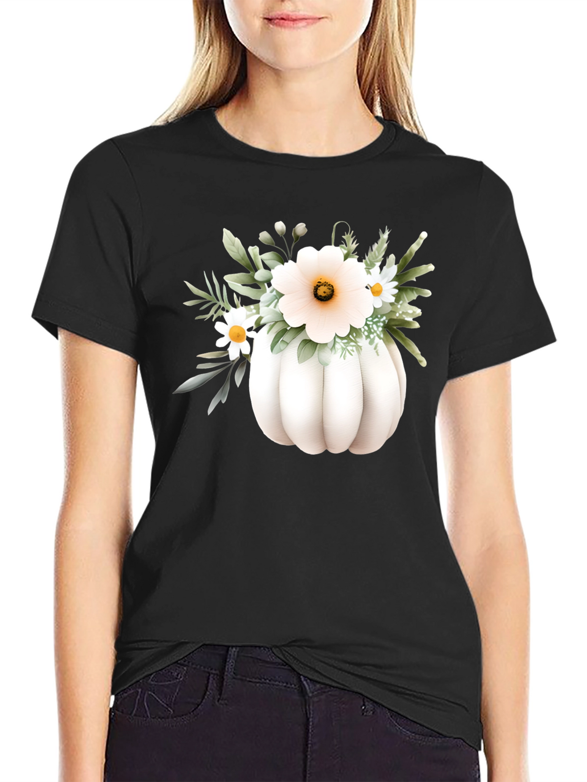 Floral Pumpkin Graphic Tee - Black Cotton Blend