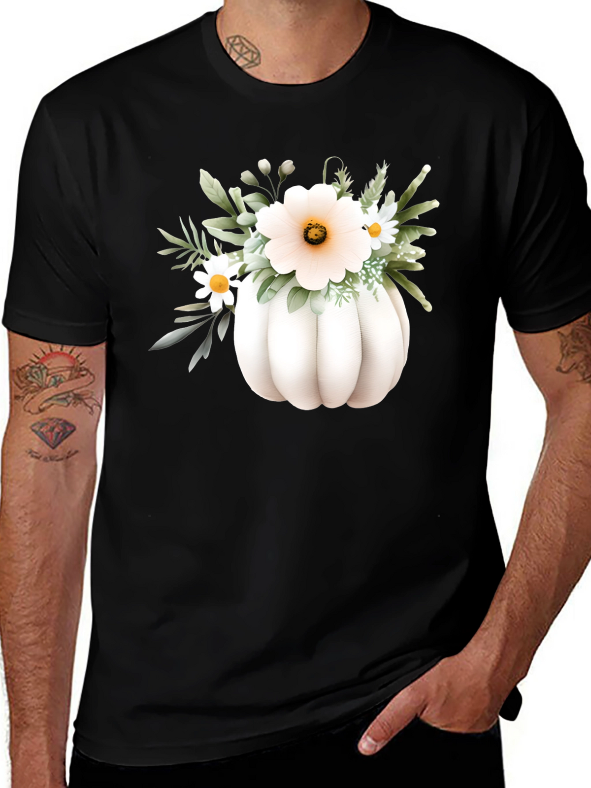 Floral Pumpkin Graphic Tee - Black Cotton Blend