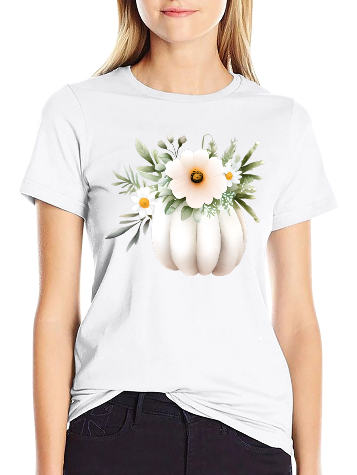 Floral Pumpkin Graphic Tee - Black Cotton Blend