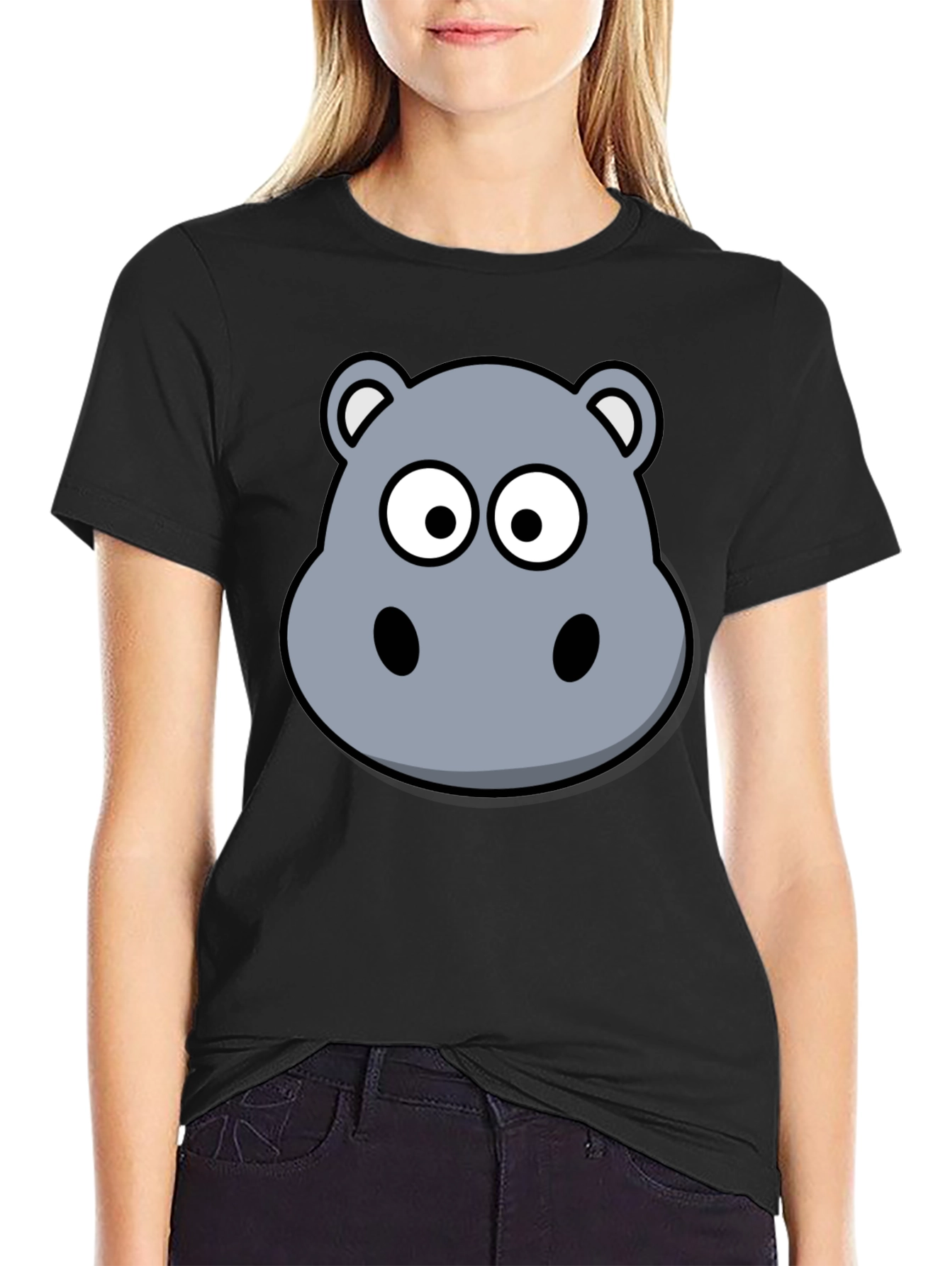 Cartoon Hippo T-Shirt - Soft Cotton Black Tee