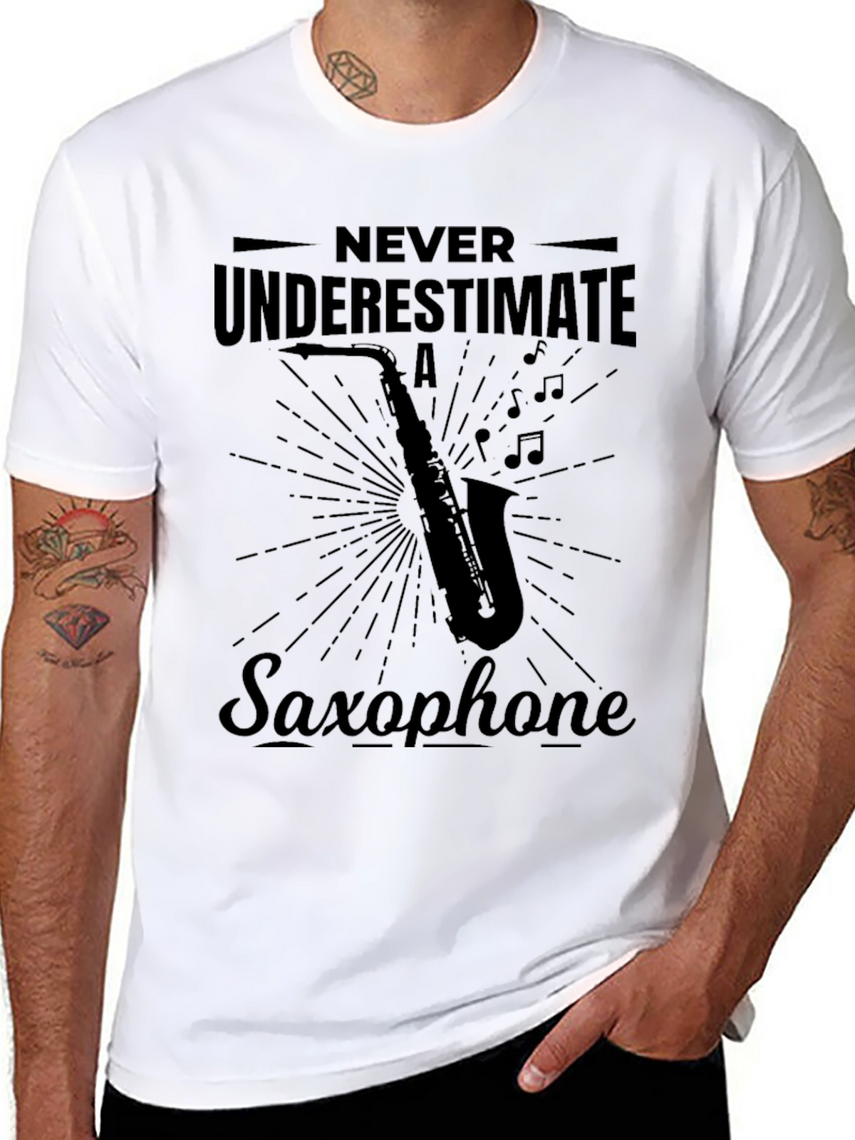 Never Underestimate Saxophone Black Graphic Tee