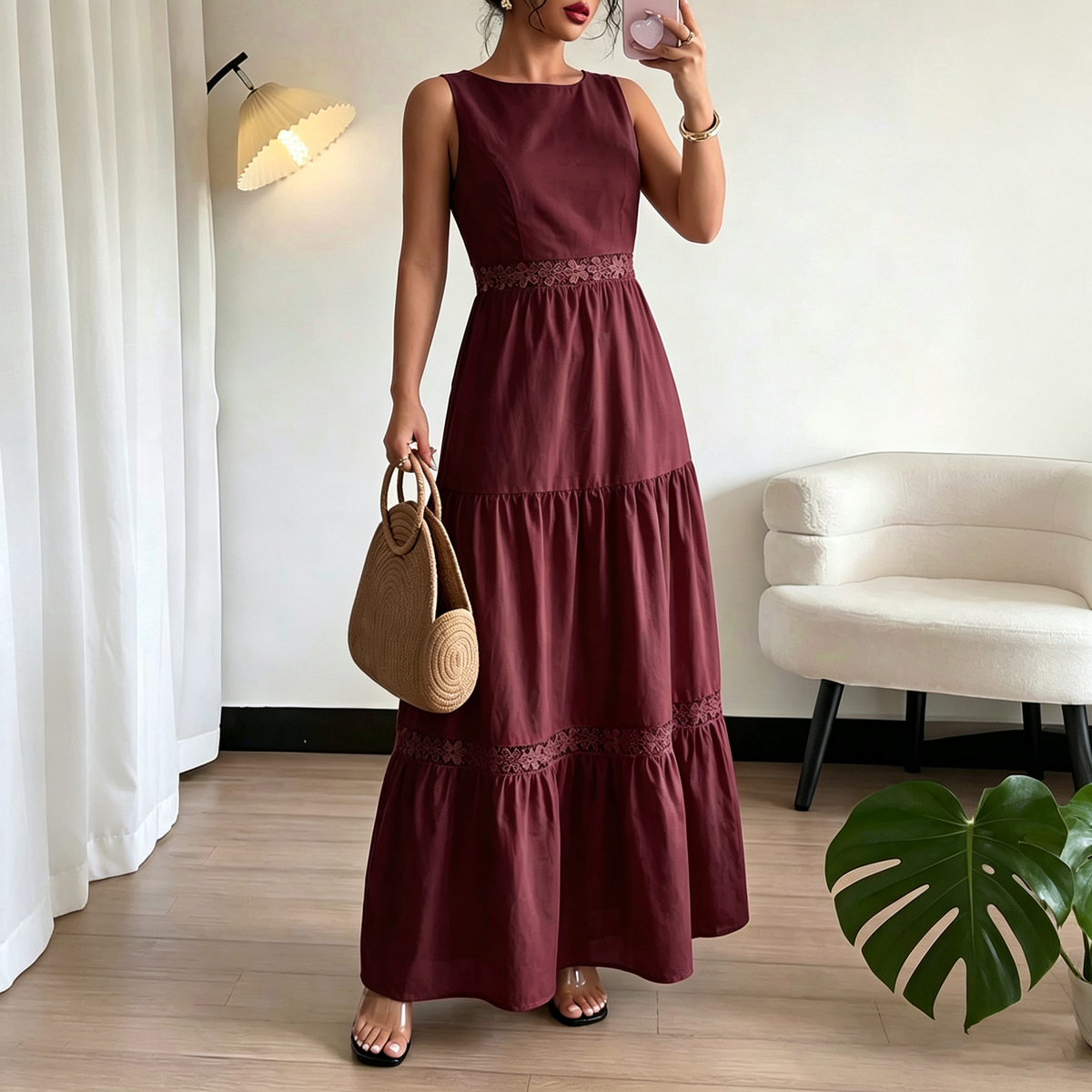 Women's Casual Spring and Summer Solid Color Sleeveless Lace-Up A-Line Dress