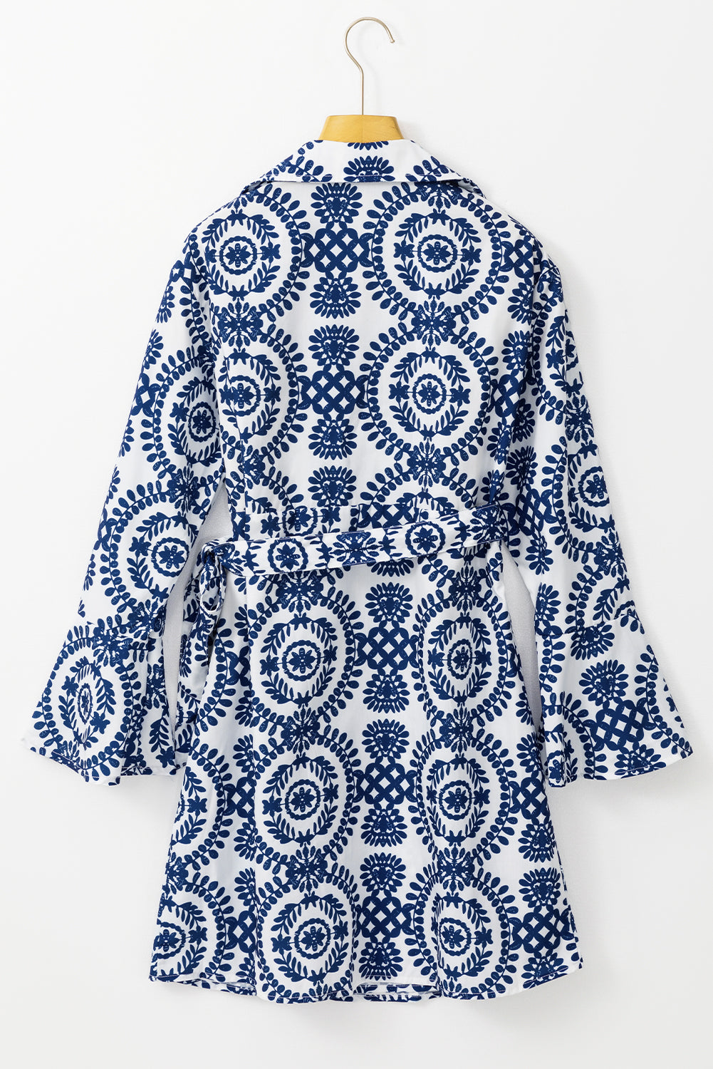 Blue Floral Print V Neck Wrapped Knot Long Sleeve Dress