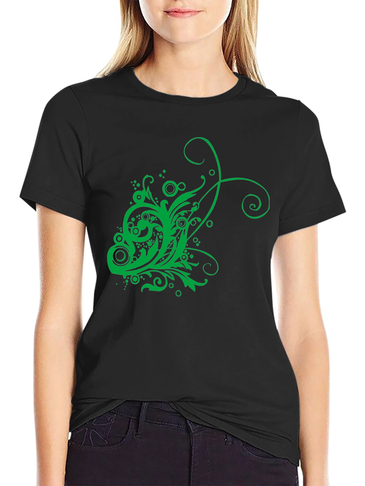 Mens Black T-Shirt with Green Floral Design