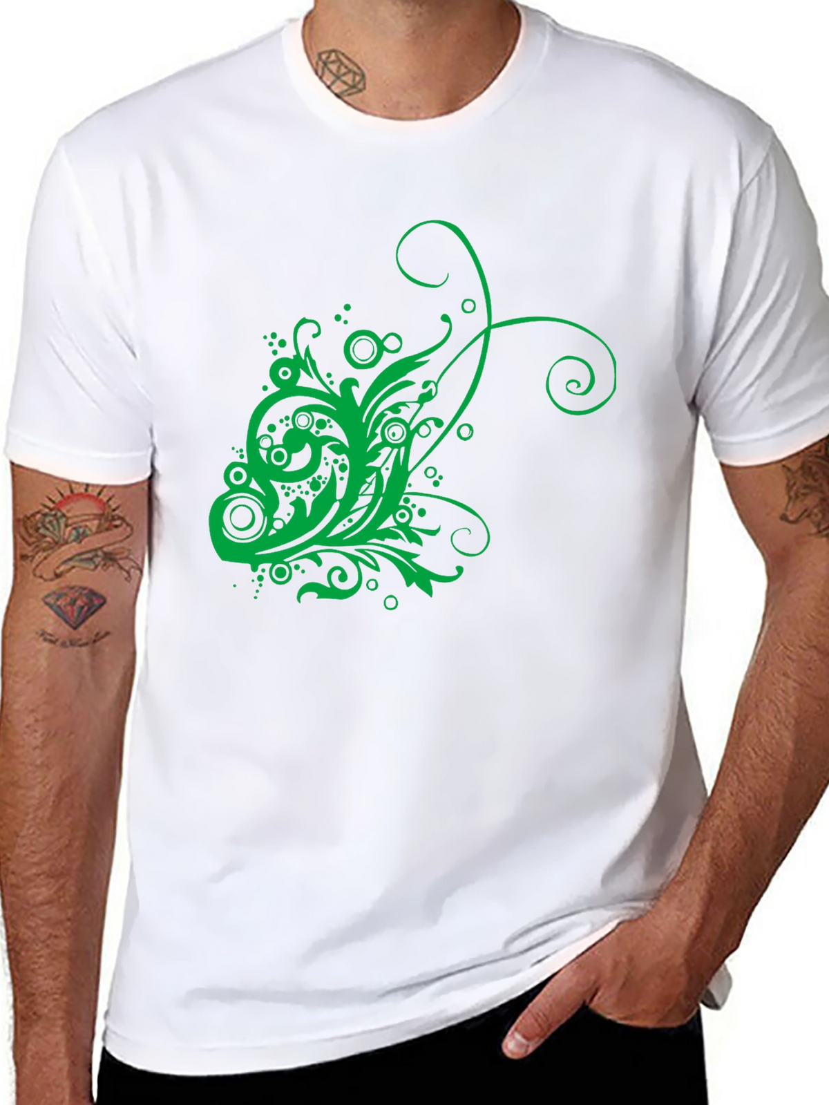 Mens Black T-Shirt with Green Floral Design