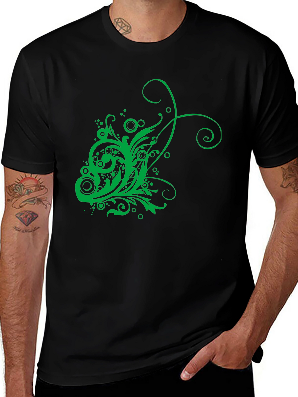 Mens Black T-Shirt with Green Floral Design