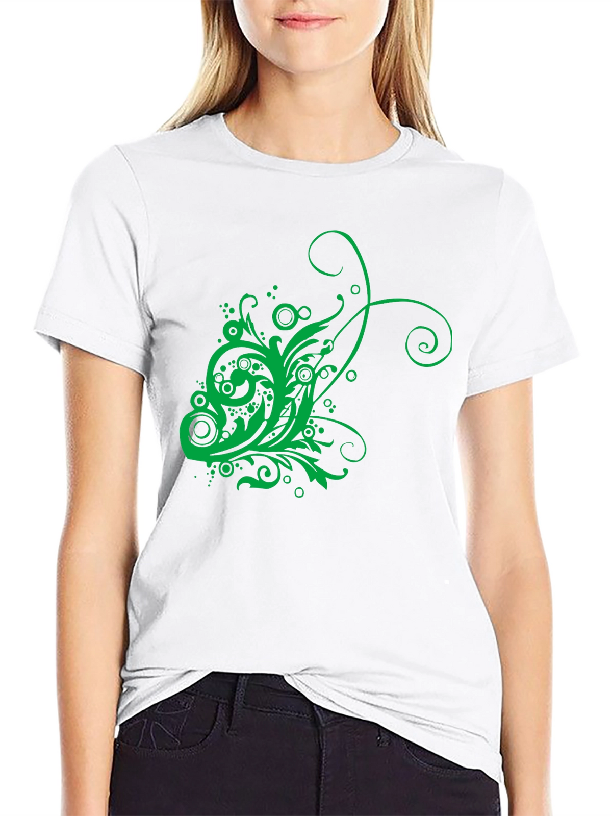 Mens Black T-Shirt with Green Floral Design