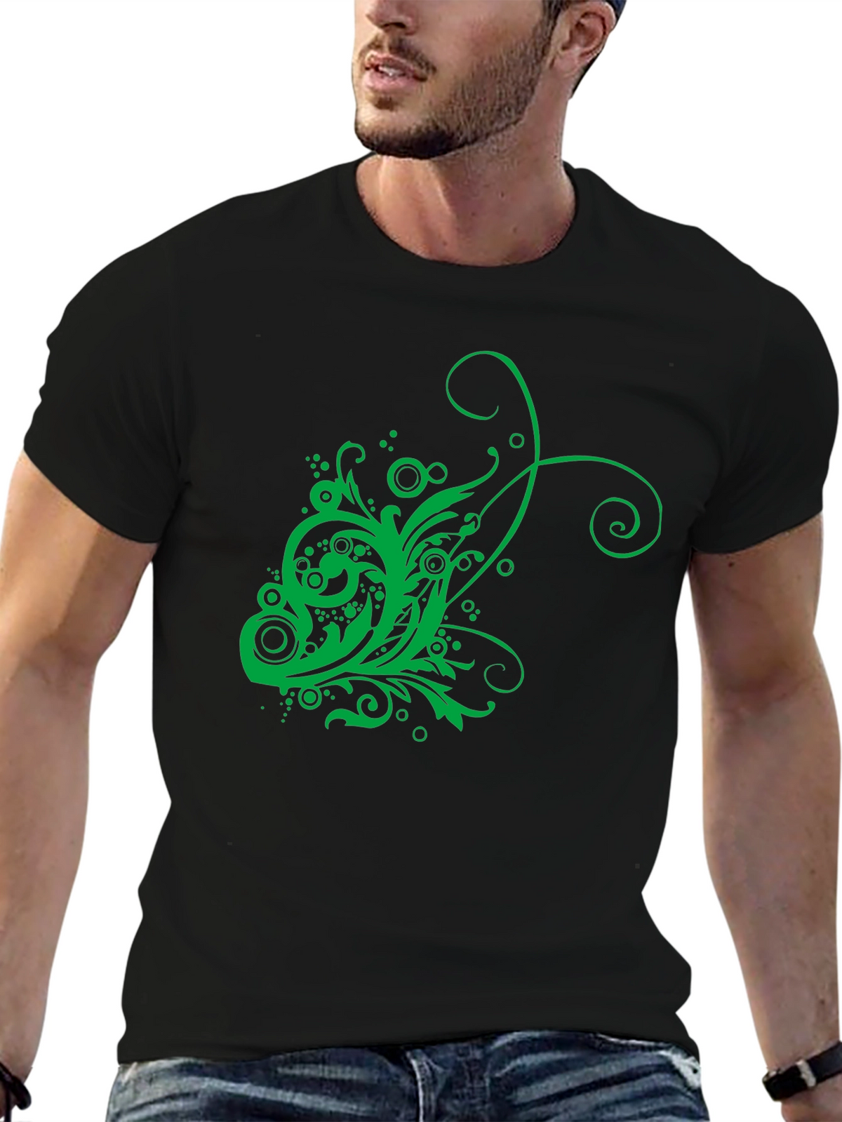Mens Black T-Shirt with Green Floral Design