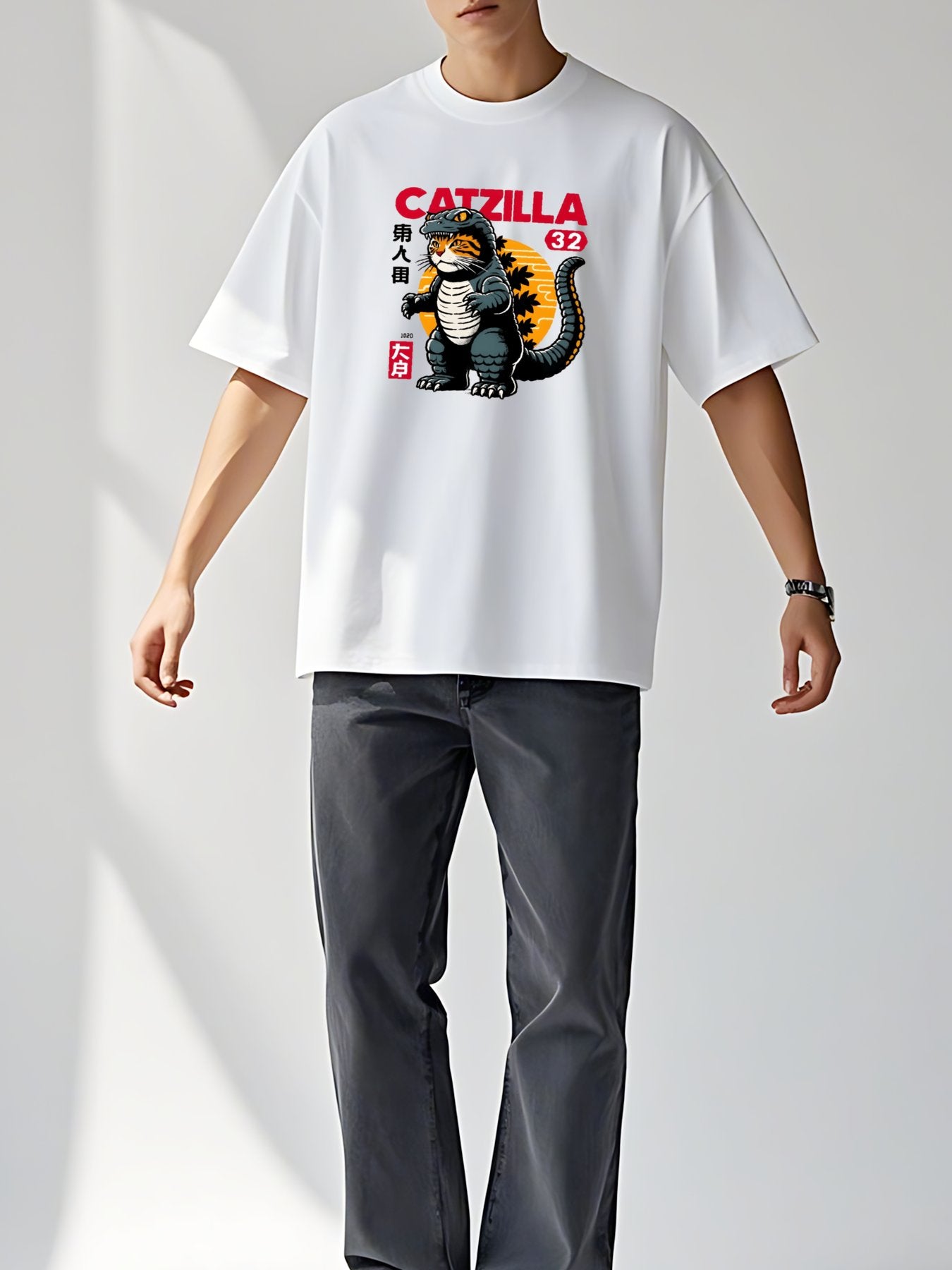 T-shirt Cat Godzilla Vintage Wash Japanese Design T-Shirt