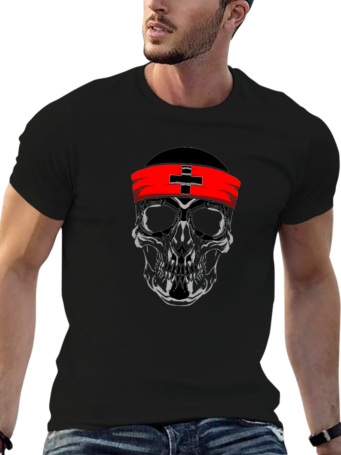 Skull Graphic T-Shirt with Red Headband