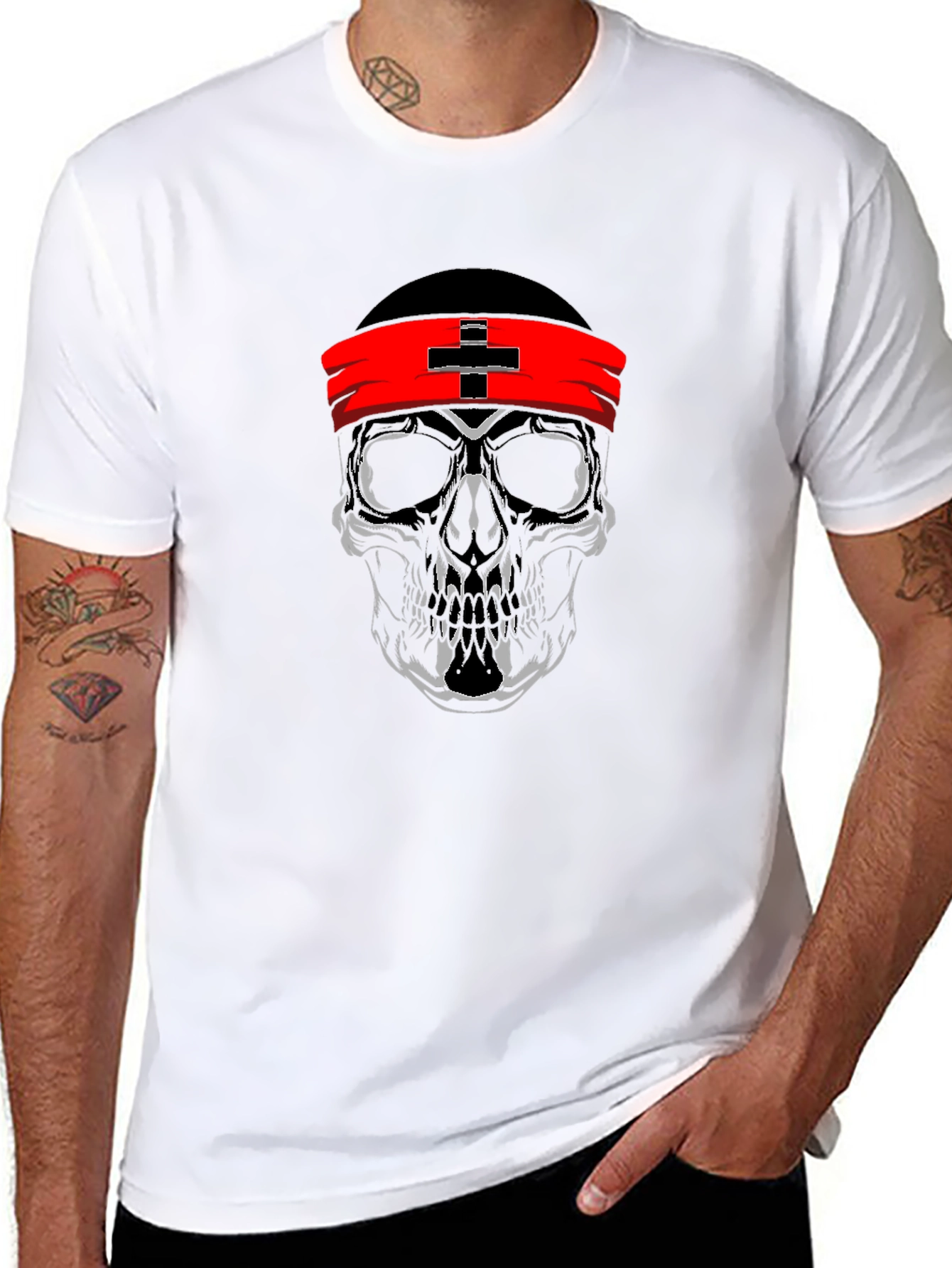 Skull Graphic T-Shirt with Red Headband