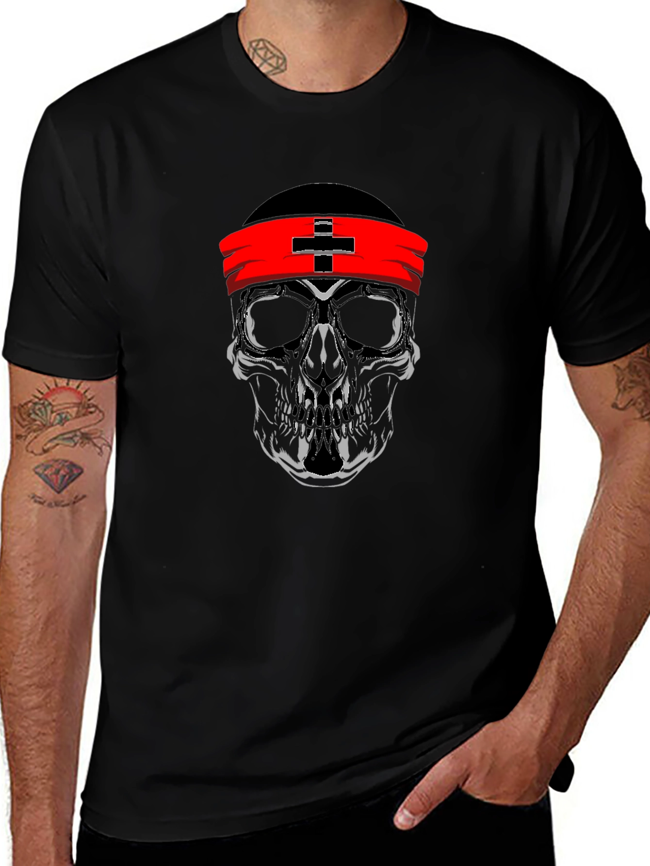 Skull Graphic T-Shirt with Red Headband