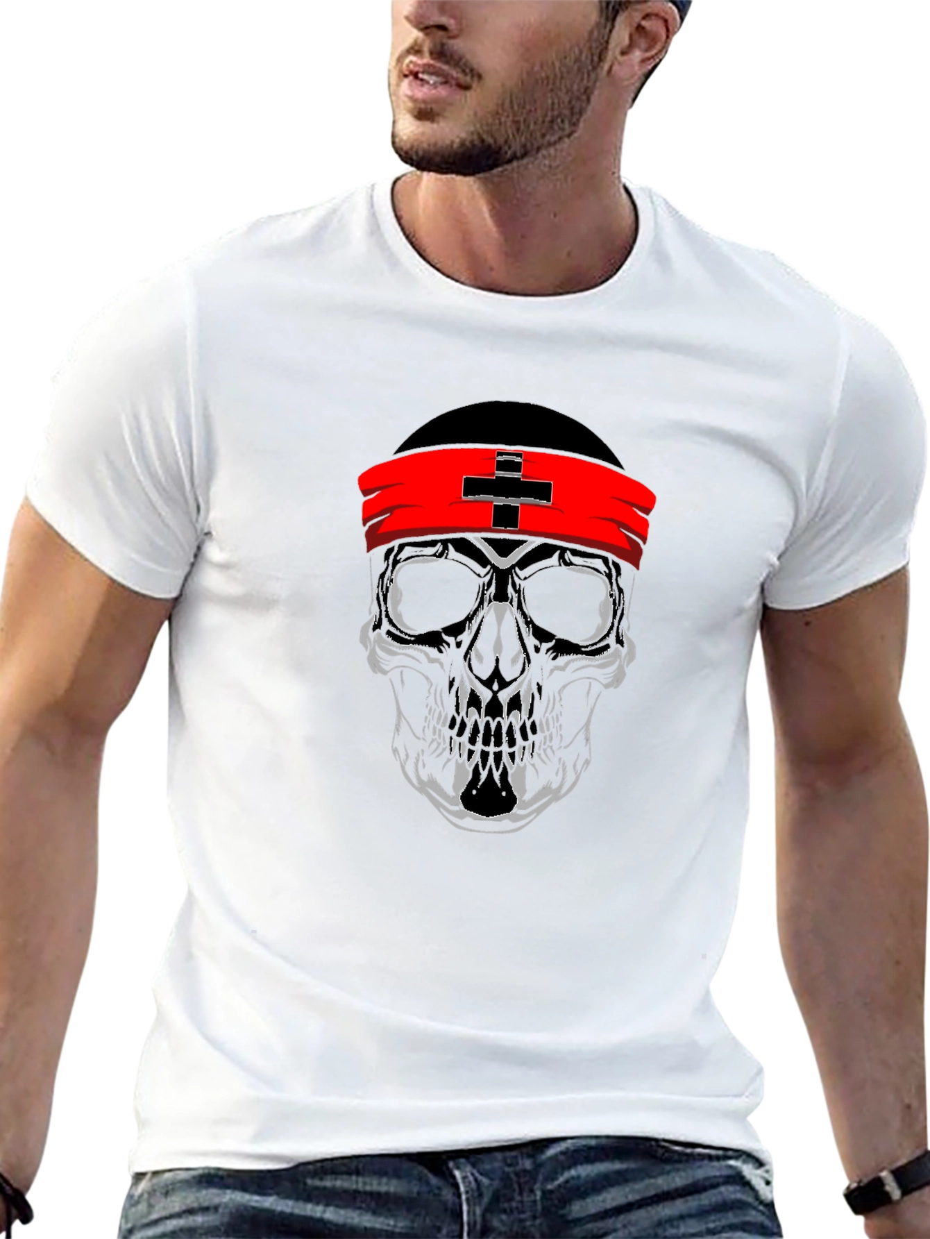 Skull Graphic T-Shirt with Red Headband
