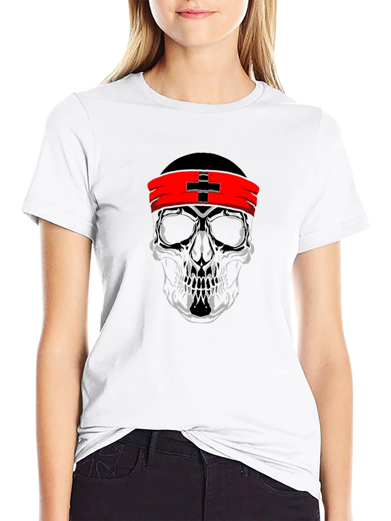 Skull Graphic T-Shirt with Red Headband