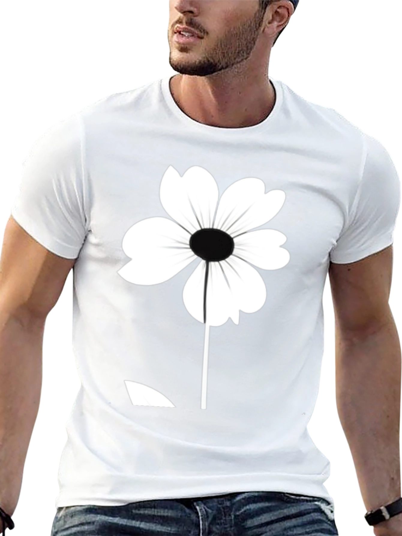 Black T-Shirt with White Flower Graphic