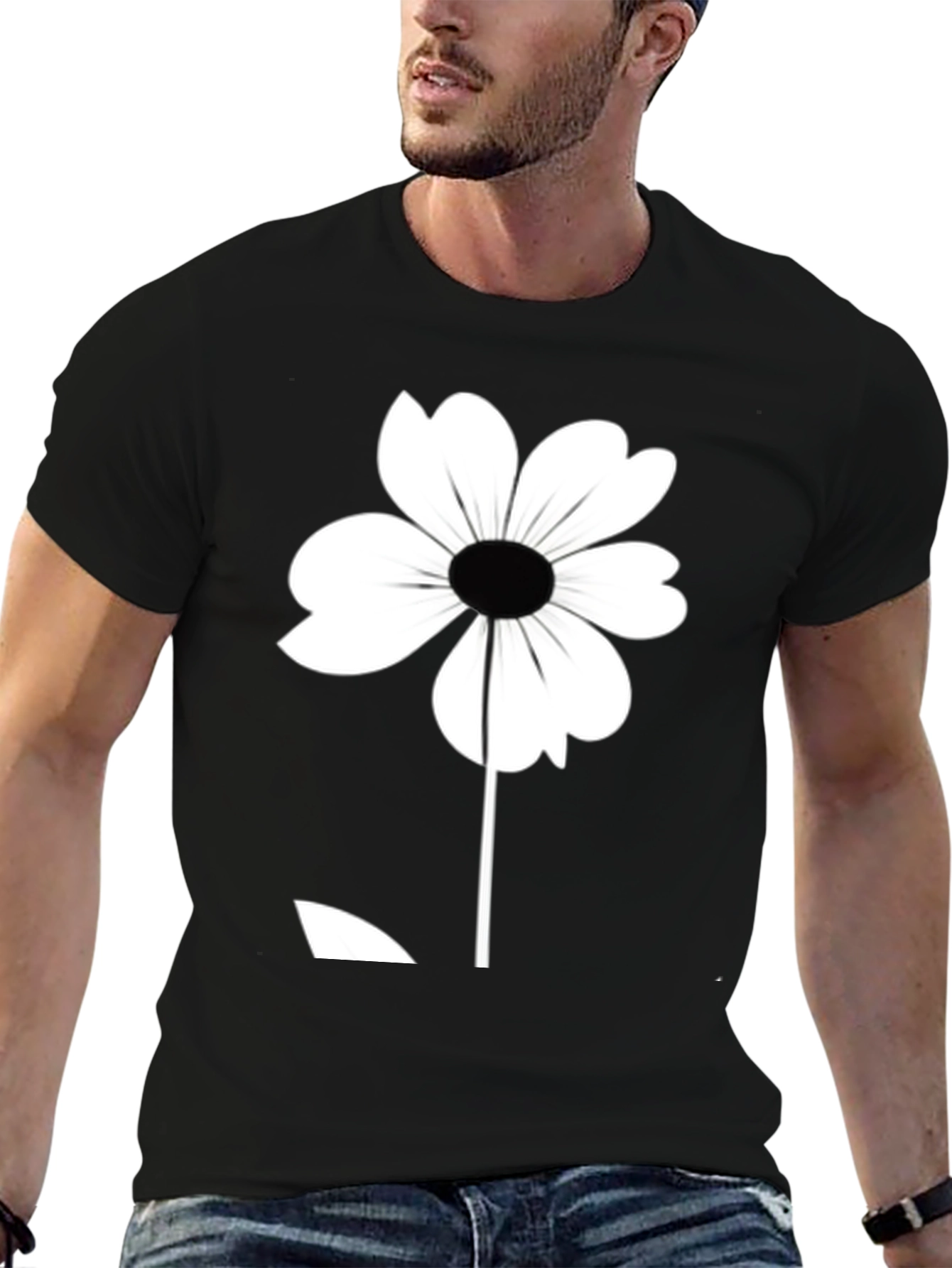 Black T-Shirt with White Flower Graphic