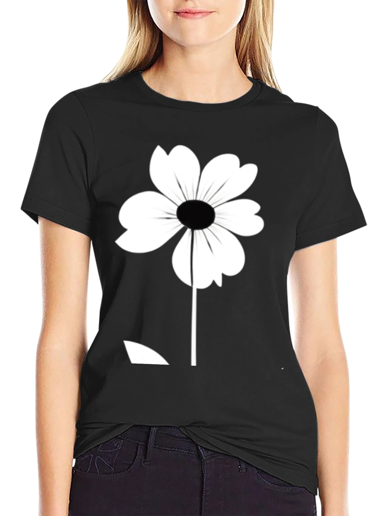 Black T-Shirt with White Flower Graphic