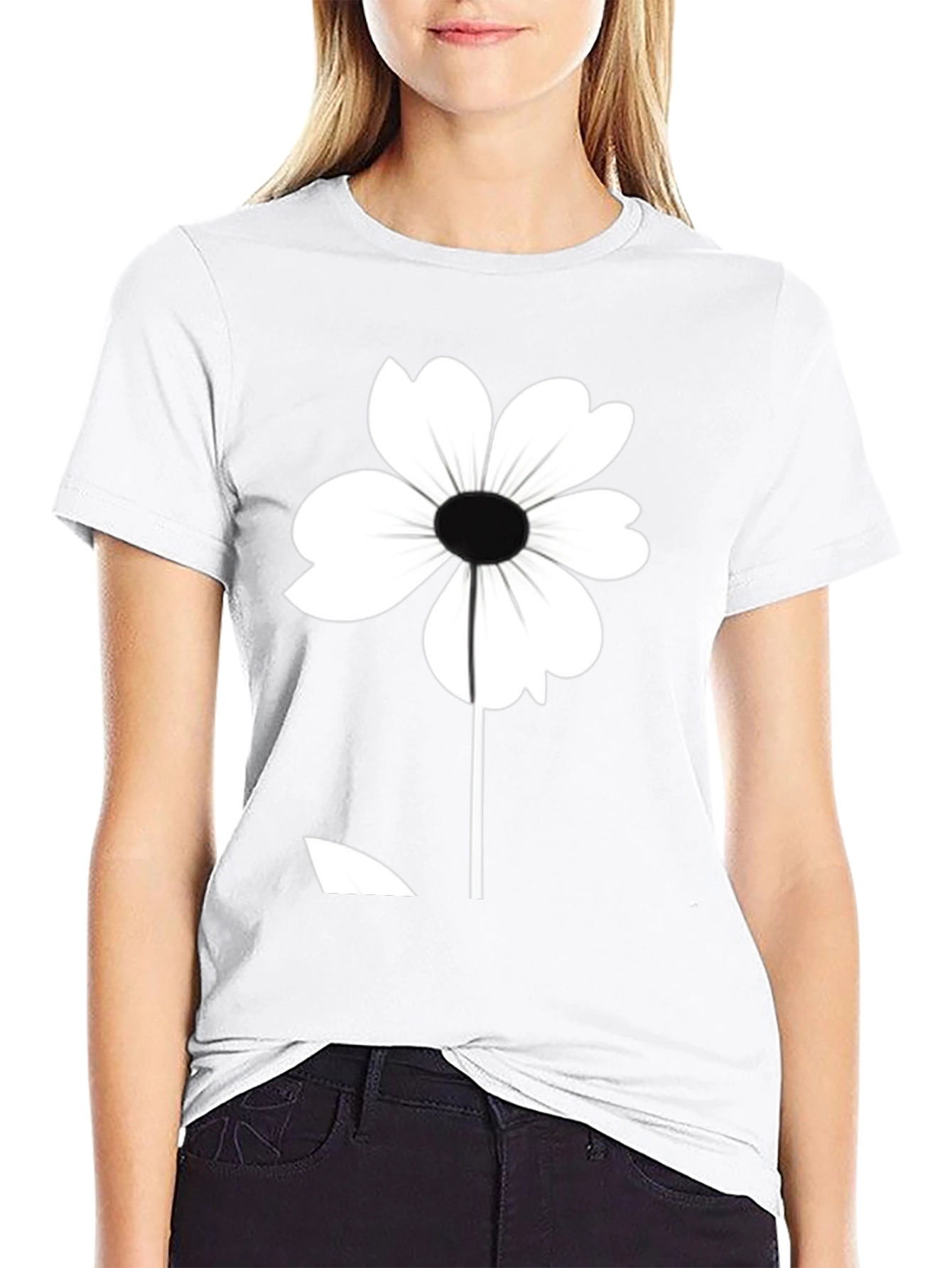 Black T-Shirt with White Flower Graphic