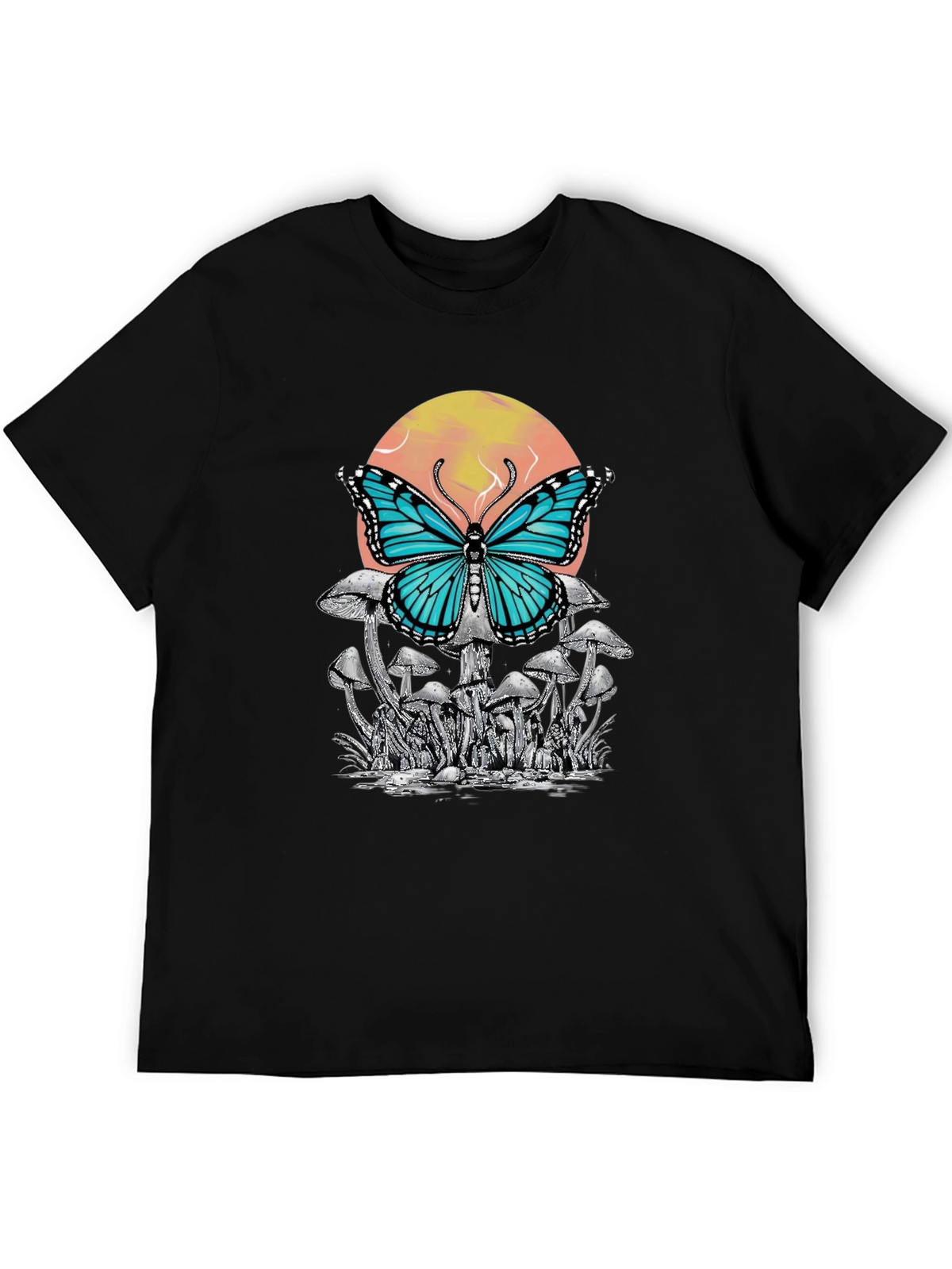 Butterfly Mushroom Graphic Tee - Black Cotton T-Shirt