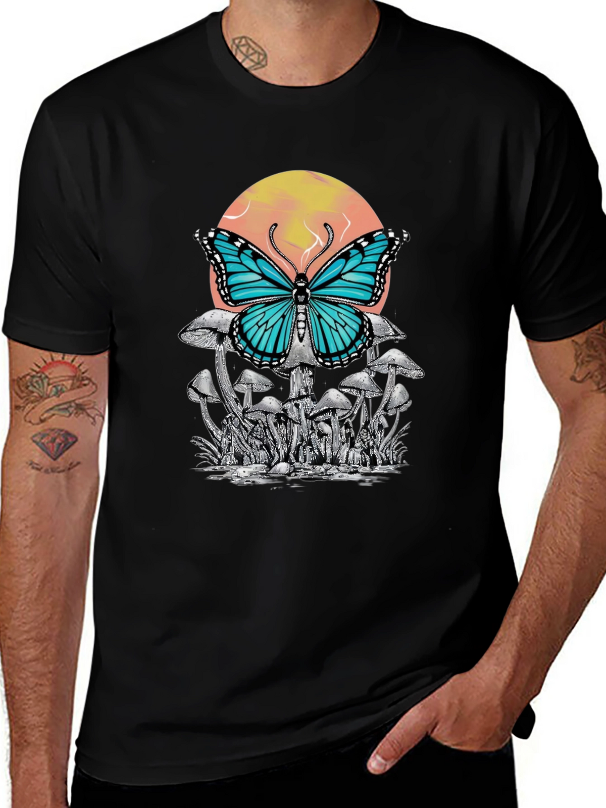 Butterfly Mushroom Graphic Tee - Black Cotton T-Shirt