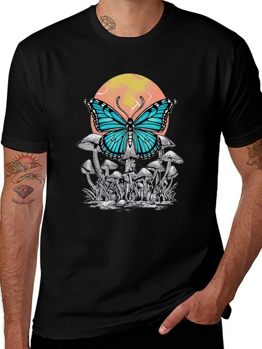 Butterfly Mushroom Graphic Tee - Black Cotton T-Shirt