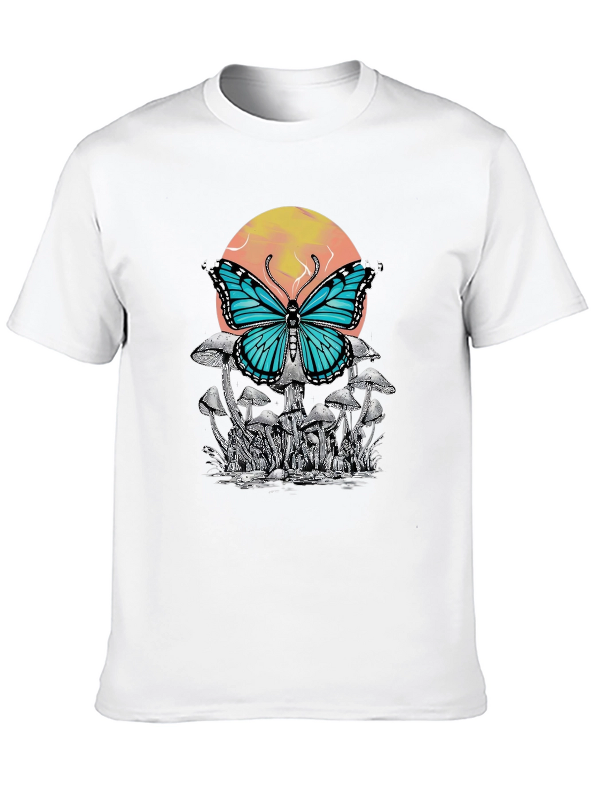 Butterfly Mushroom Graphic Tee - Black Cotton T-Shirt