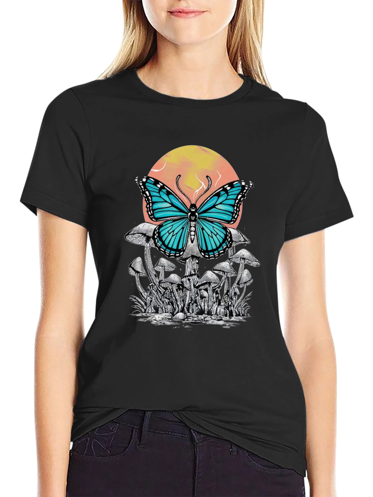 Butterfly Mushroom Graphic Tee - Black Cotton T-Shirt