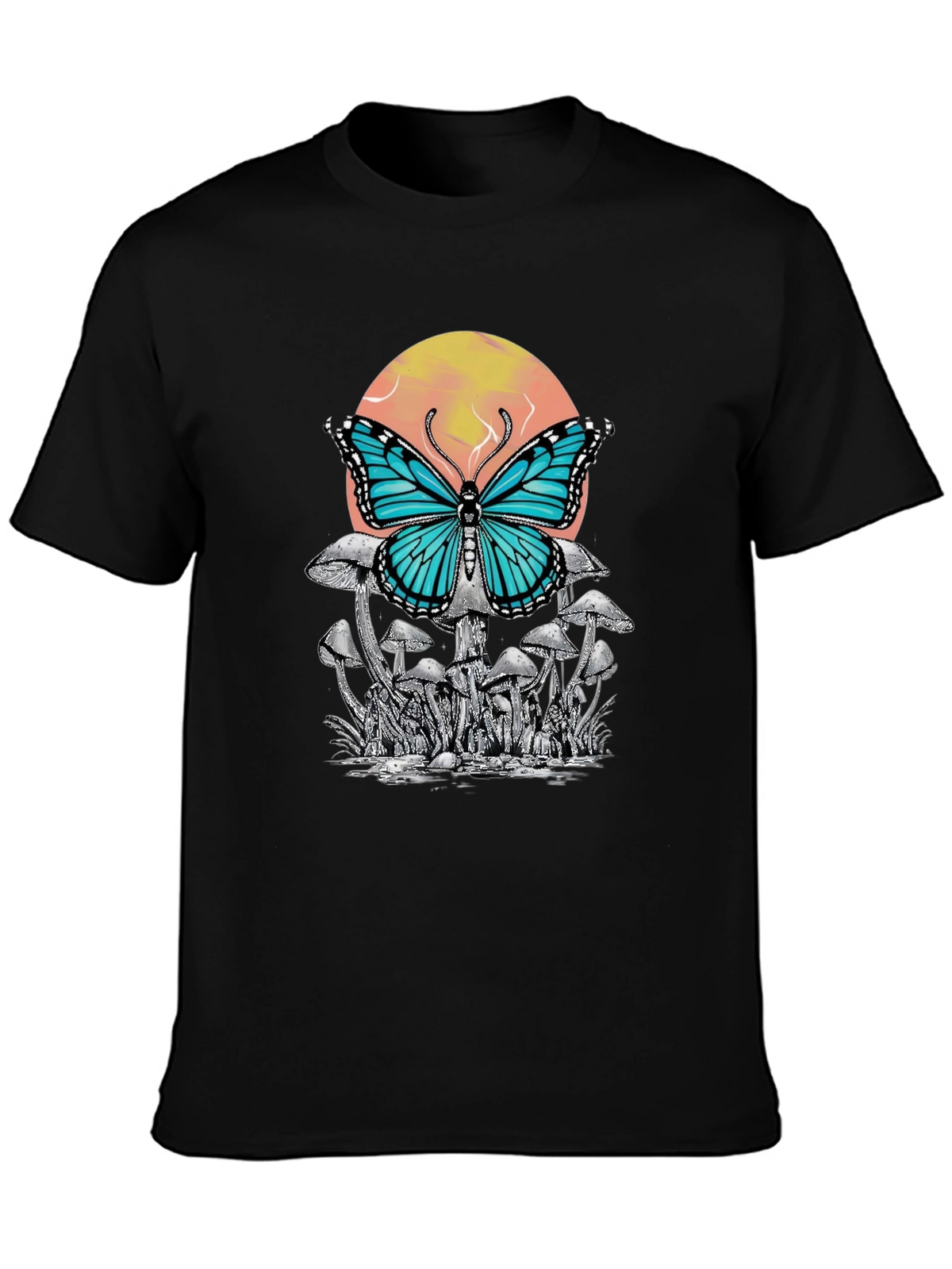 Butterfly Mushroom Graphic Tee - Black Cotton T-Shirt