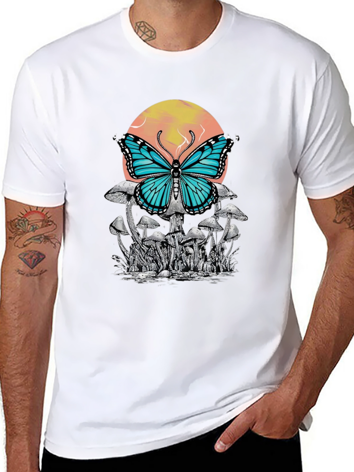 Butterfly Mushroom Graphic Tee - Black Cotton T-Shirt