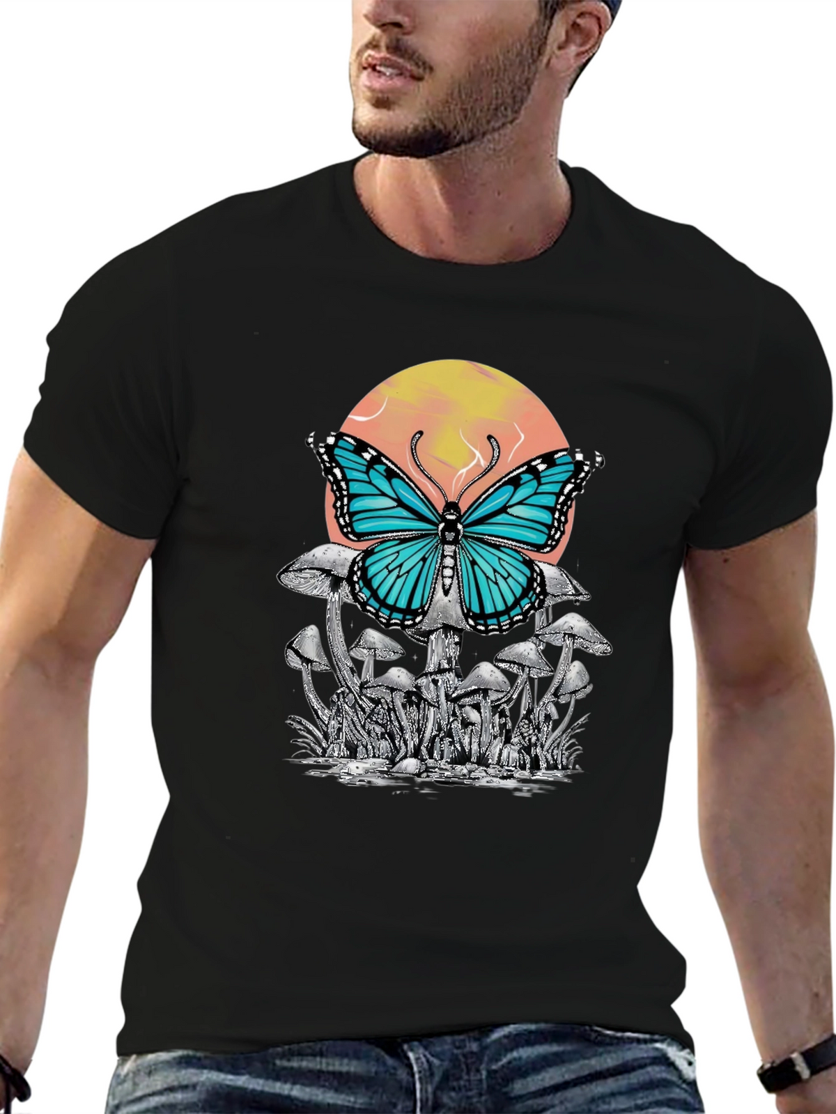 Butterfly Mushroom Graphic Tee - Black Cotton T-Shirt