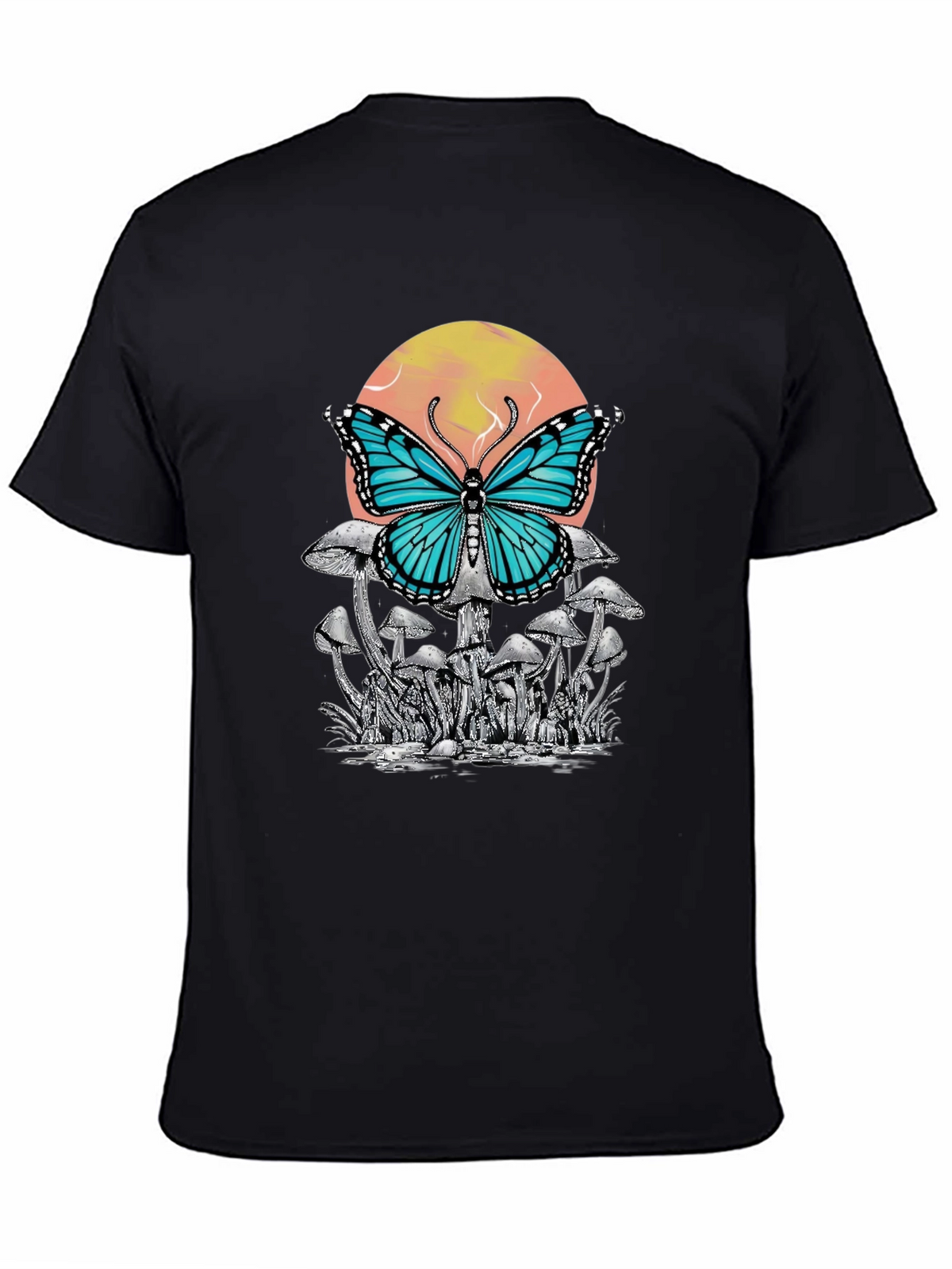 Butterfly Mushroom Graphic Tee - Black Cotton T-Shirt