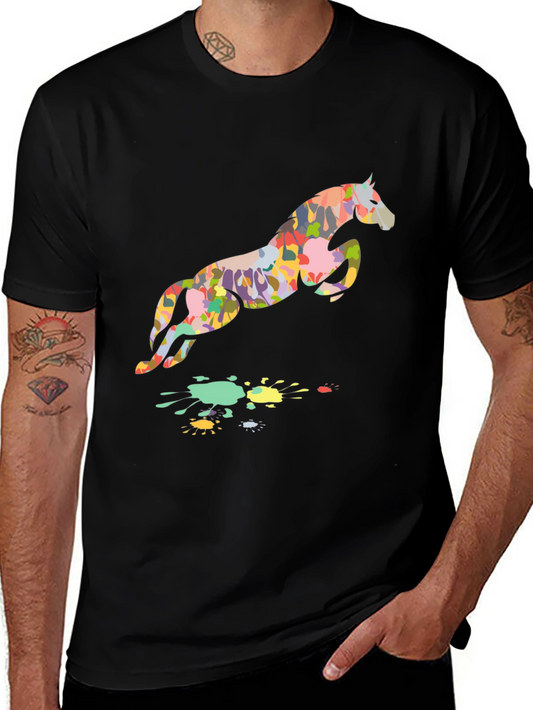 Colorful Horse Print Black T-Shirt