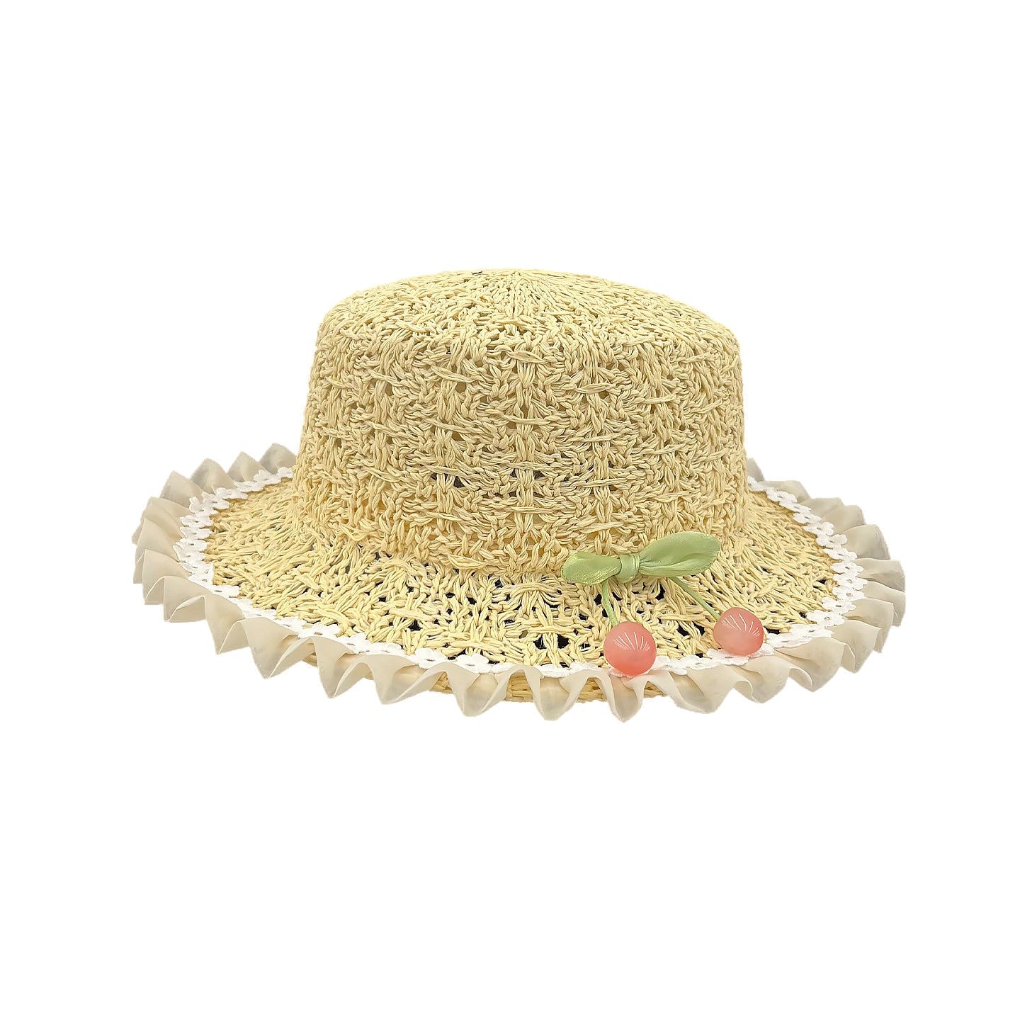 Women's Flat Top Straw Hat with Ruffled Brim and Cherry Detail for Sun Protection
