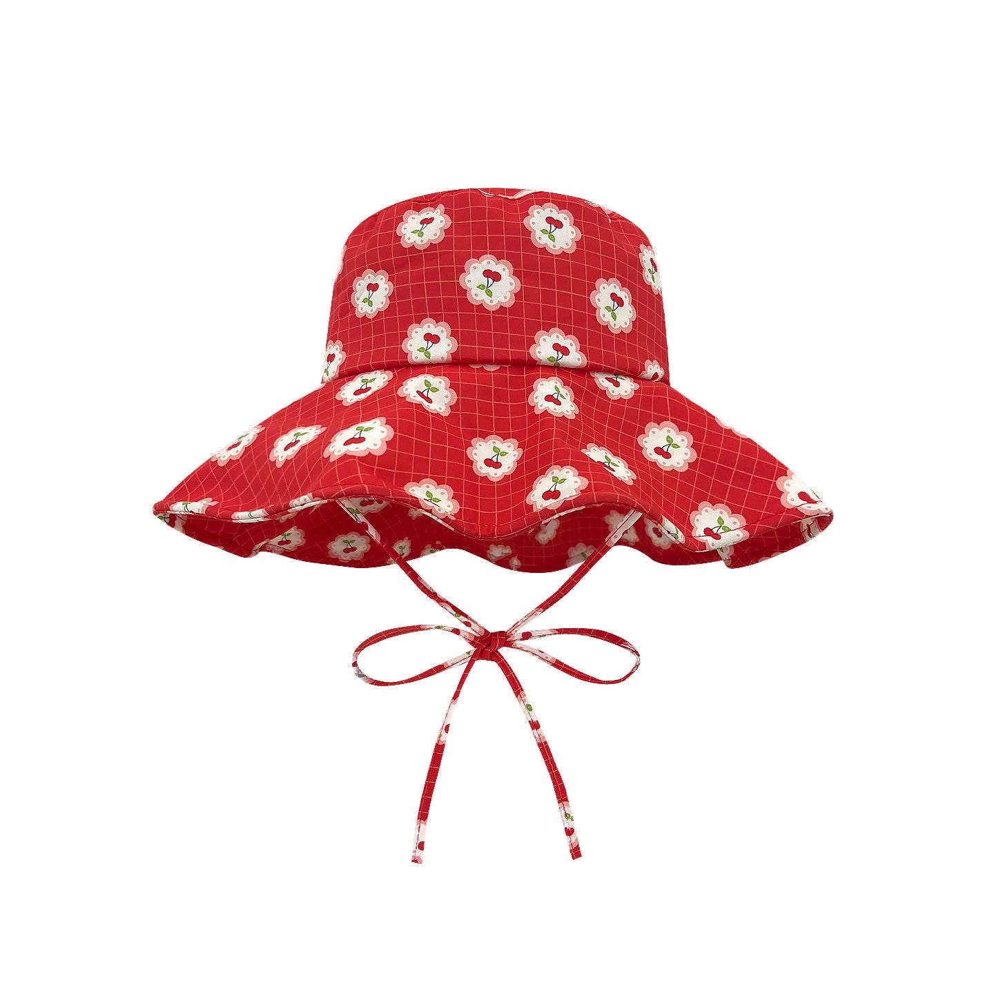Women's Red Cherry Floral Cotton Bucket Sun Hat with Wide Brim and Tie Straps