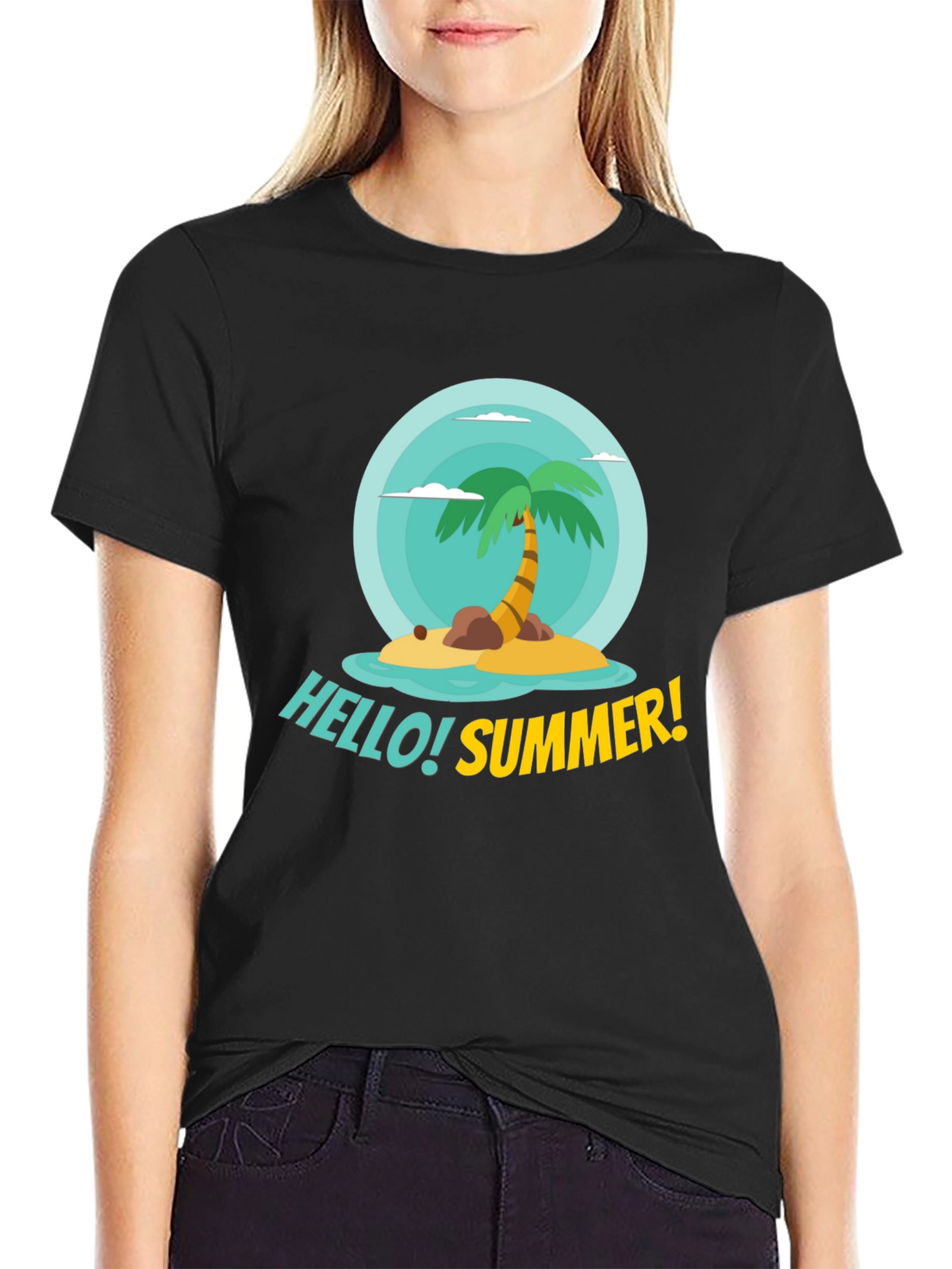 Hello Summer! Palm Tree Graphic Tee - Black