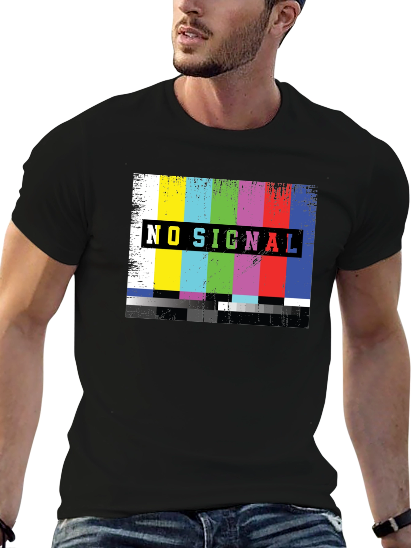 No Signal TV Glitch Black T-Shirt - Retro Style