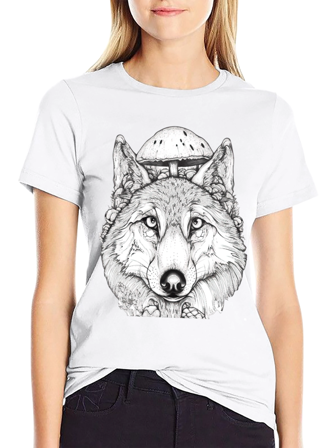 Wolf & Mushroom Graphic Black T-Shirt
