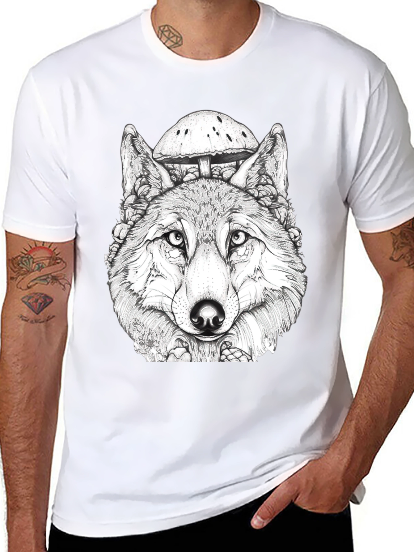 Wolf & Mushroom Graphic Black T-Shirt