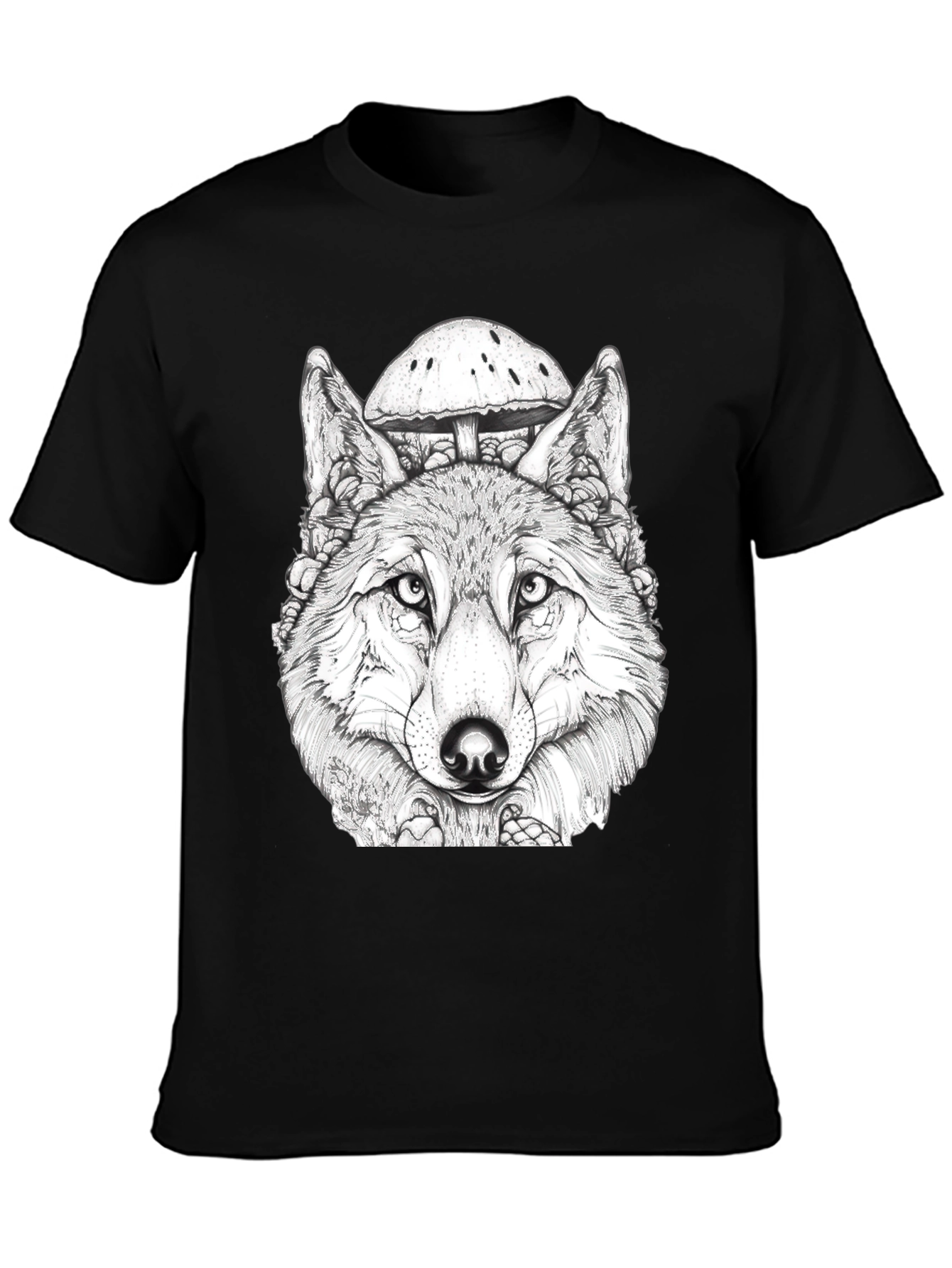 Wolf & Mushroom Graphic Black T-Shirt